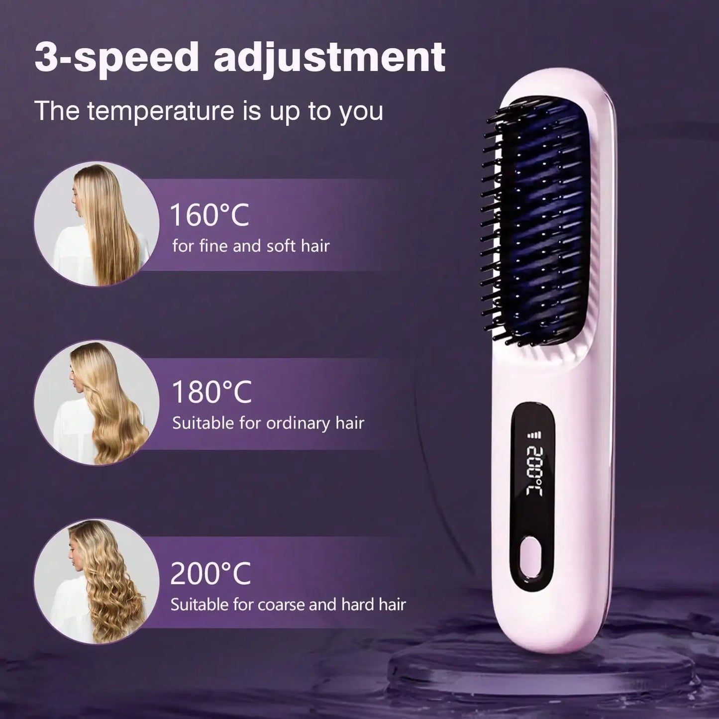 Women's Wireless Portable Hair Straightener, USB Rechargeable Negative Ion Hot Air Straightening Brush, Effectively Smooths Frizz, Makes Hair Shiny And Soft, Anti-Scald Design, 3 Temperature Settings, 30 Seconds Fast Heating, 2000mAh Battery