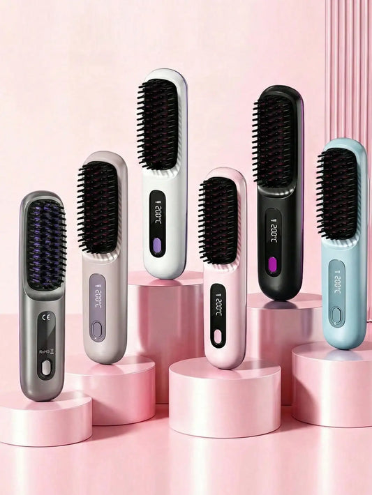 Women's Wireless Portable Hair Straightener, USB Rechargeable Negative Ion Hot Air Straightening Brush, Effectively Smooths Frizz, Makes Hair Shiny And Soft, Anti-Scald Design, 3 Temperature Settings, 30 Seconds Fast Heating, 2000mAh Battery