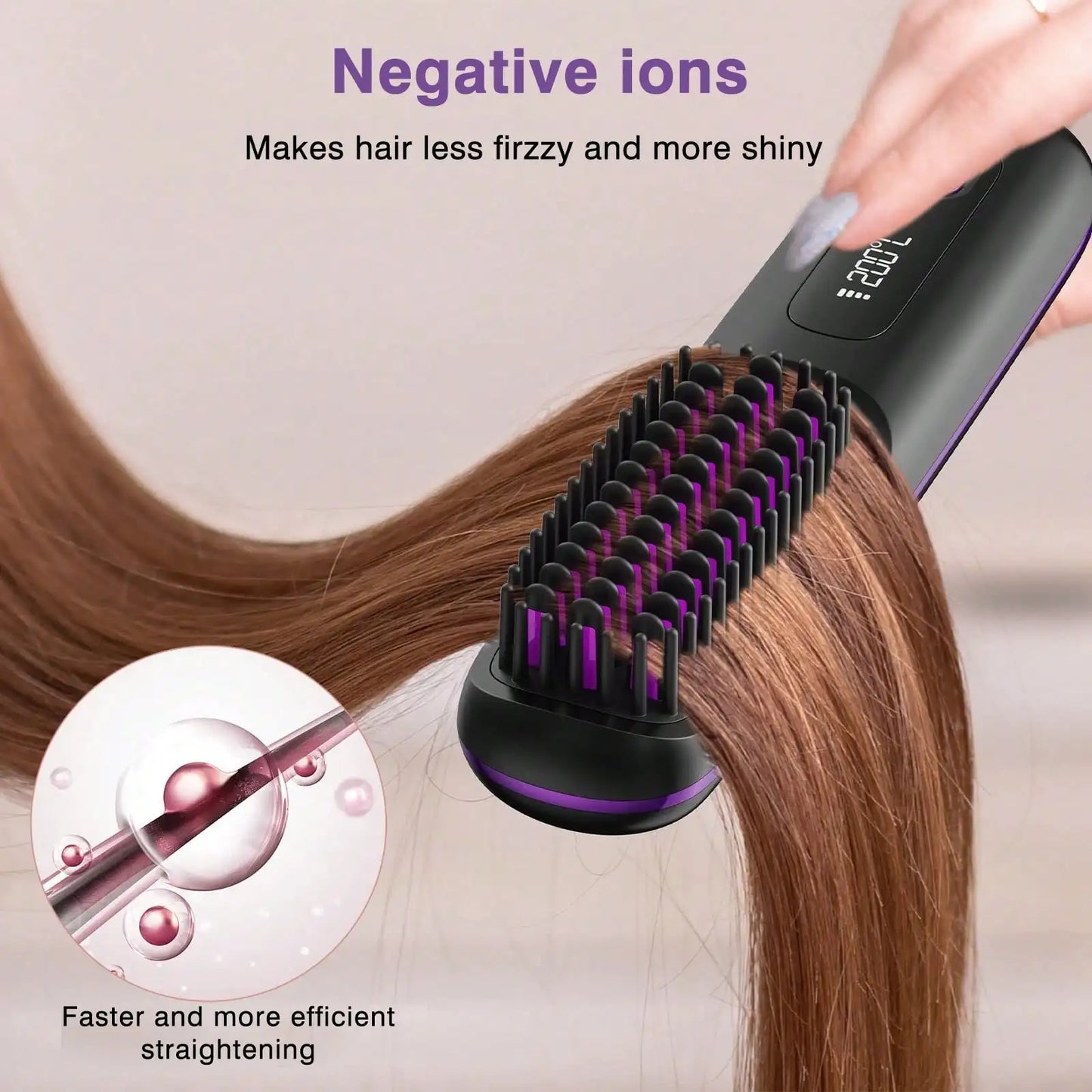 Women's Wireless Portable Hair Straightener, USB Rechargeable Negative Ion Hot Air Straightening Brush, Effectively Smooths Frizz, Makes Hair Shiny And Soft, Anti-Scald Design, 3 Temperature Settings, 30 Seconds Fast Heating, 2000mAh Battery